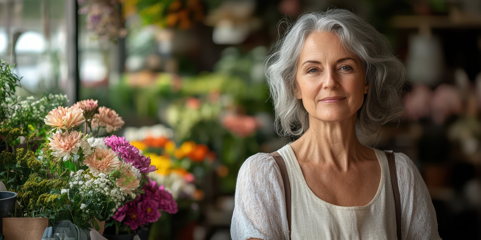 Elderly woman smiling among vibrant flowers in a floral shop during bright daylight